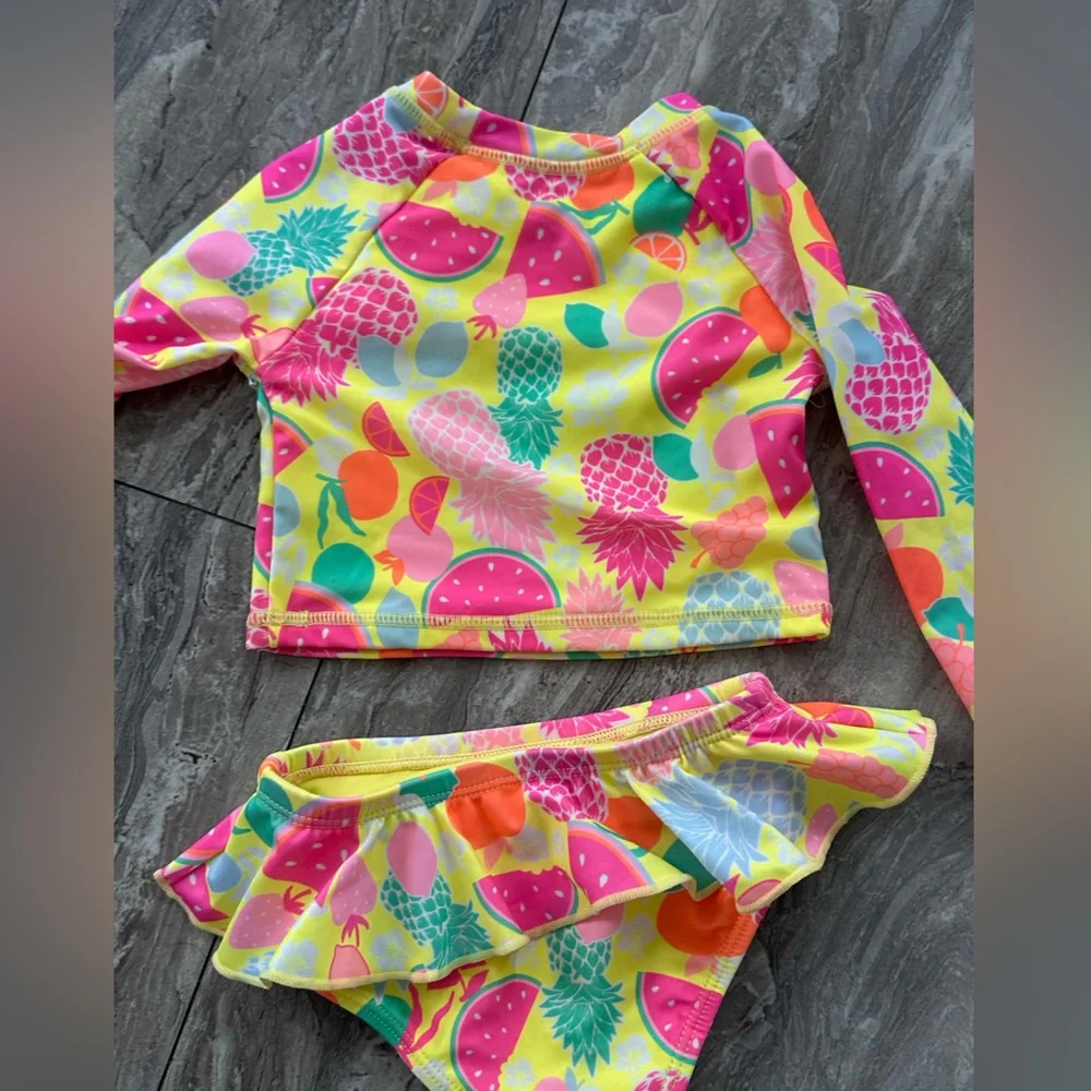 Girls Neon Pineapple Swim Set + Striped One-Piece - Bright Yellow &‎ Pink LOT